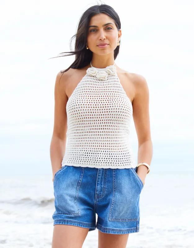 Women's Ecru Corsage Detail Knitted Halterneck Top sold by Threadbare