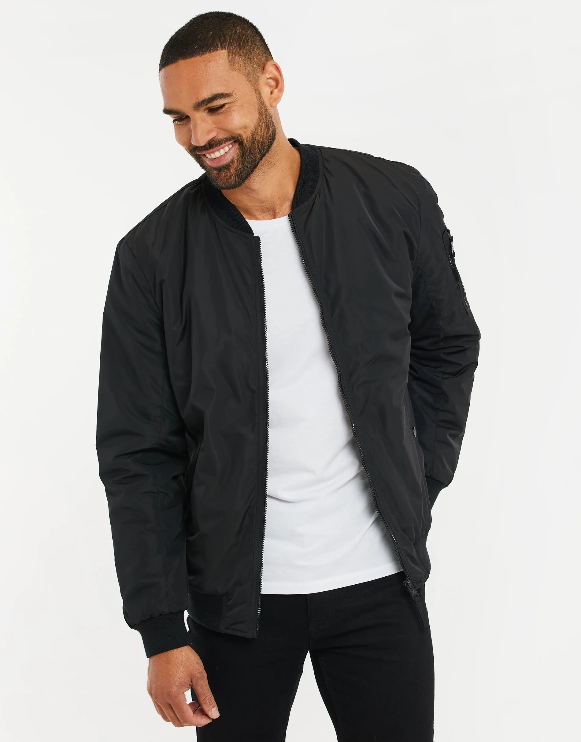 Men's Black Sherpa Lined Bomber Jacket sold by Threadbare