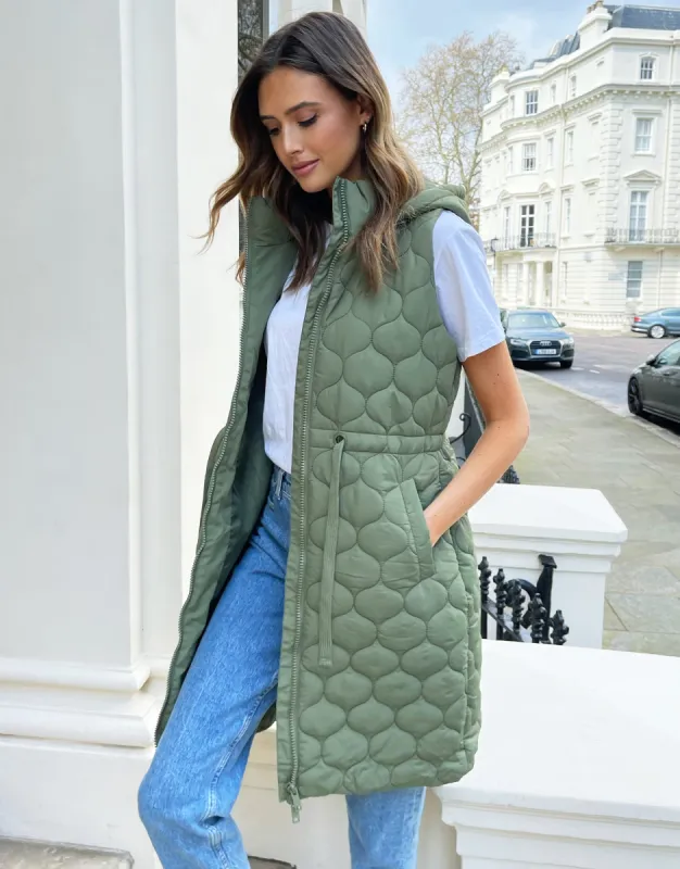 Women's Khaki Longline Quilted Gilet sold by Threadbare