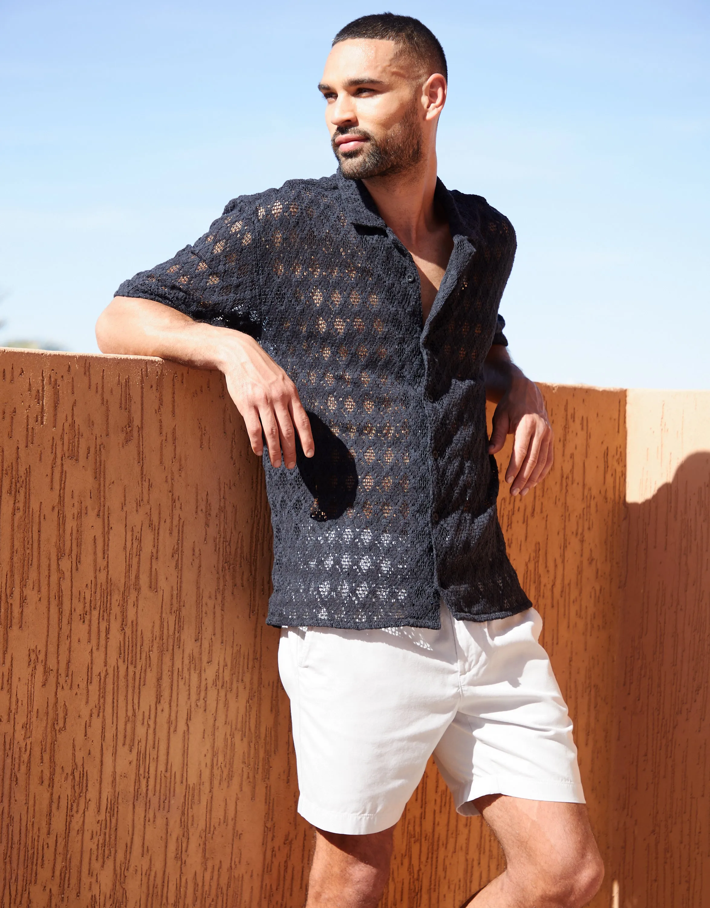 Black Open Weave Texture Revere Collar Short Sleeve Shirt sold by Threadbare product image thumbnail 3