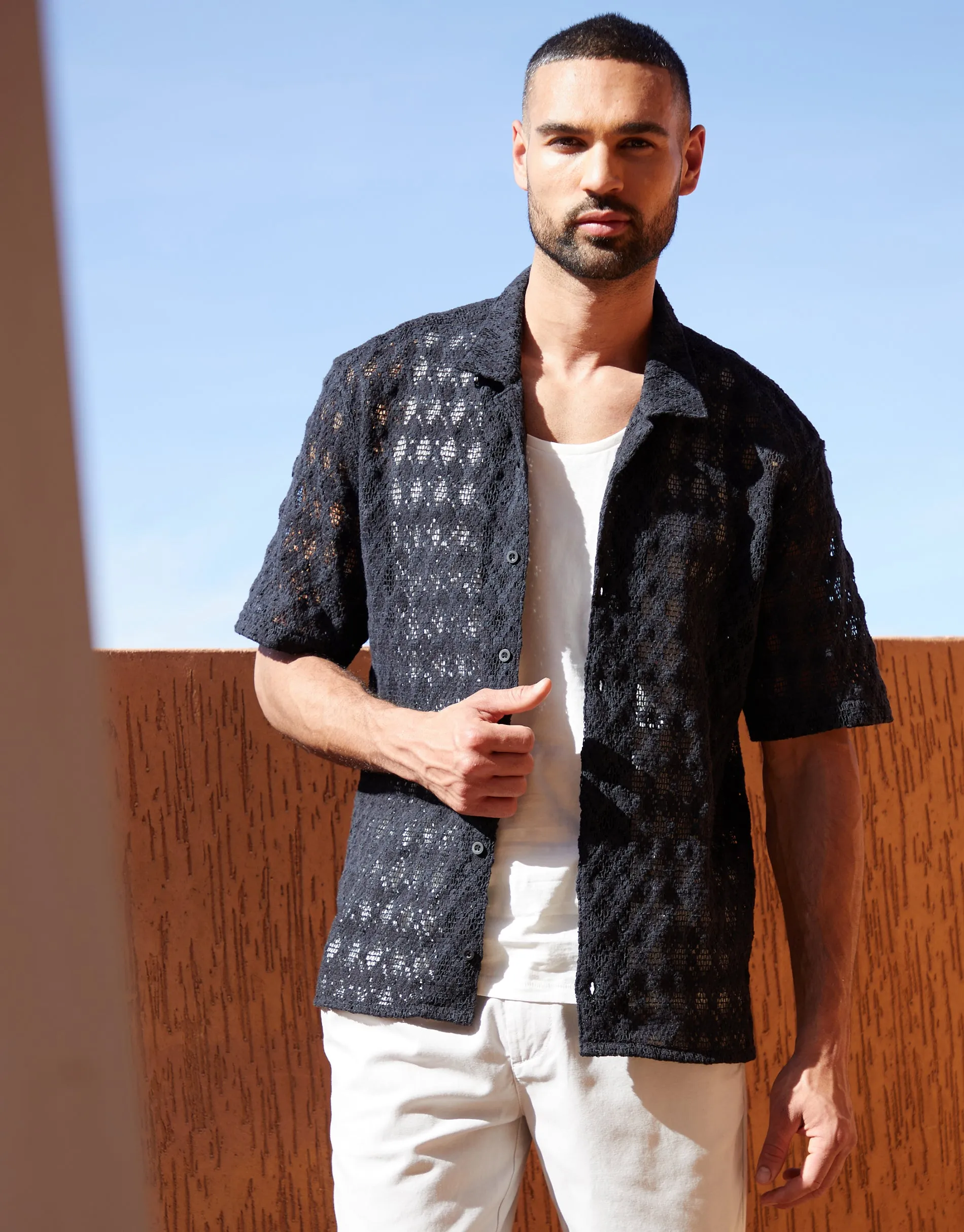 Black Open Weave Texture Revere Collar Short Sleeve Shirt sold by Threadbare