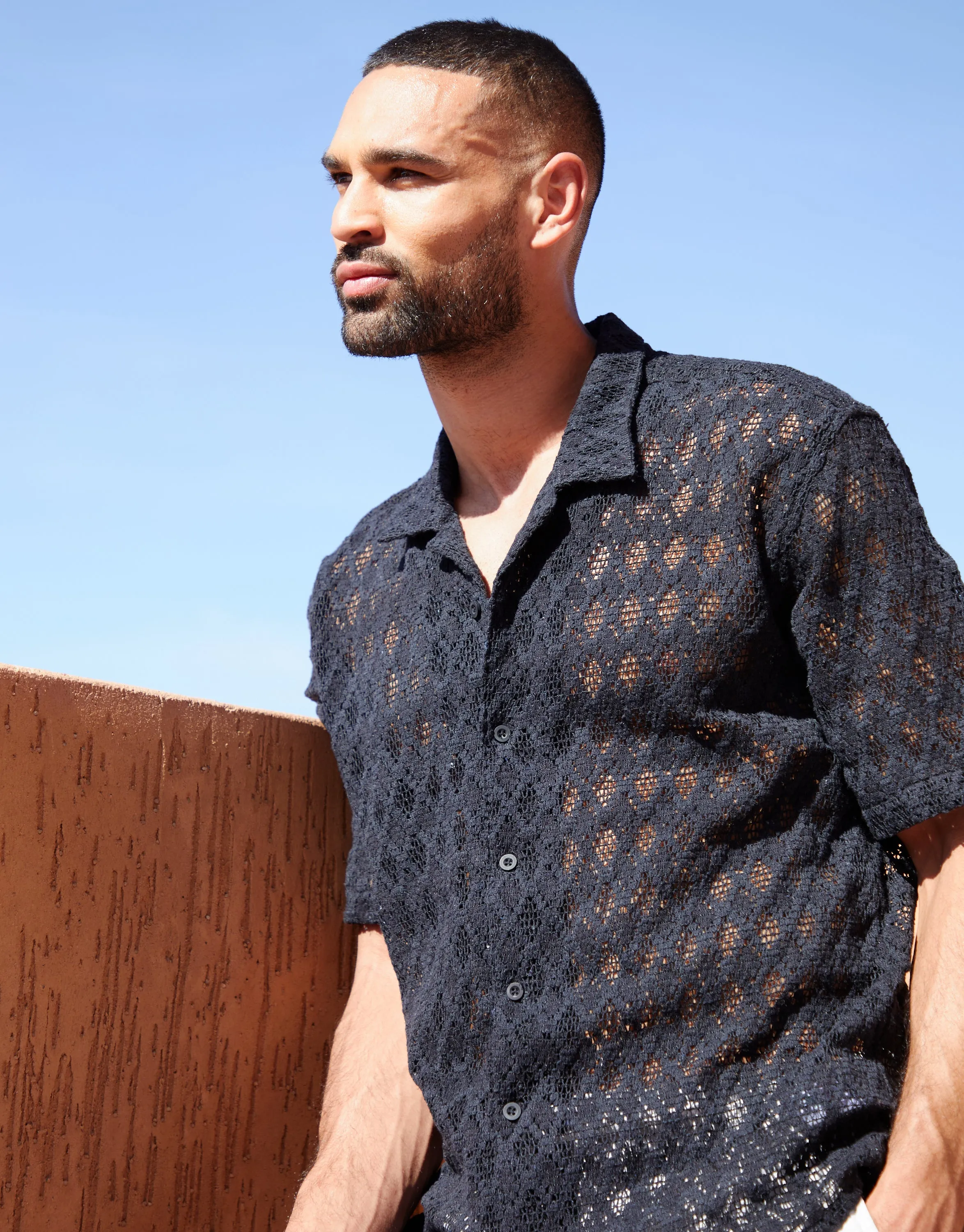 Black Open Weave Texture Revere Collar Short Sleeve Shirt sold by Threadbare product image thumbnail 4