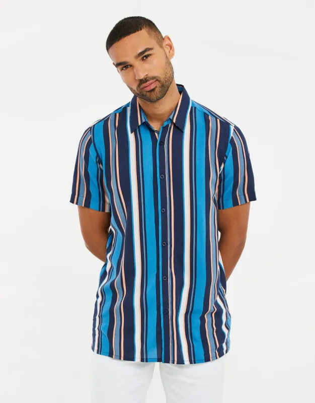 Men's China Blue Striped Short Sleeve Shirt sold by Threadbare