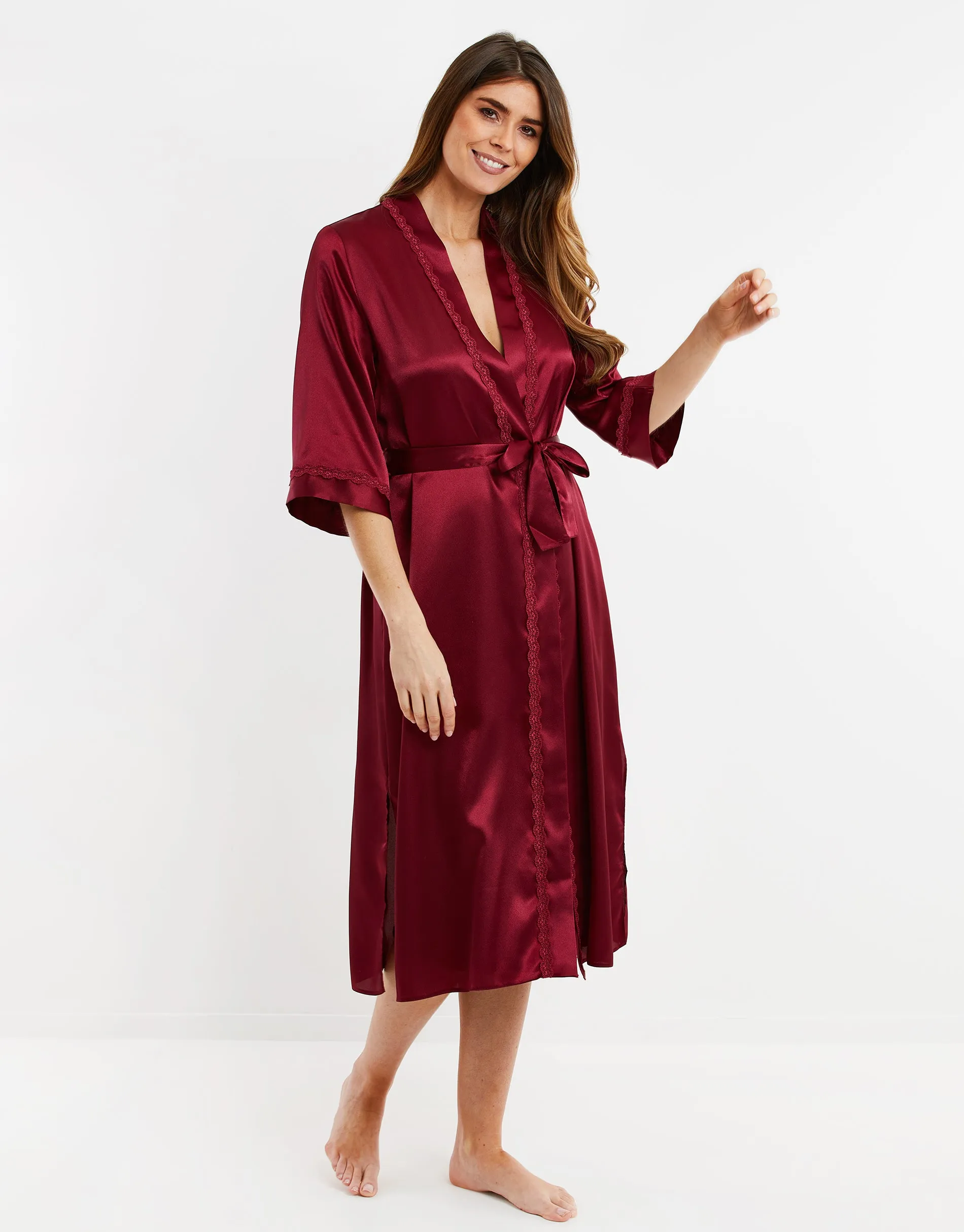 Women's Burgundy Satin Kimono Robe sold by Threadbare