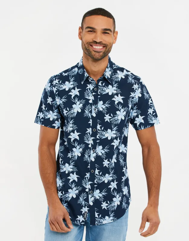 Men's Navy Floral Print Short Sleeve Shirt sold by Threadbare