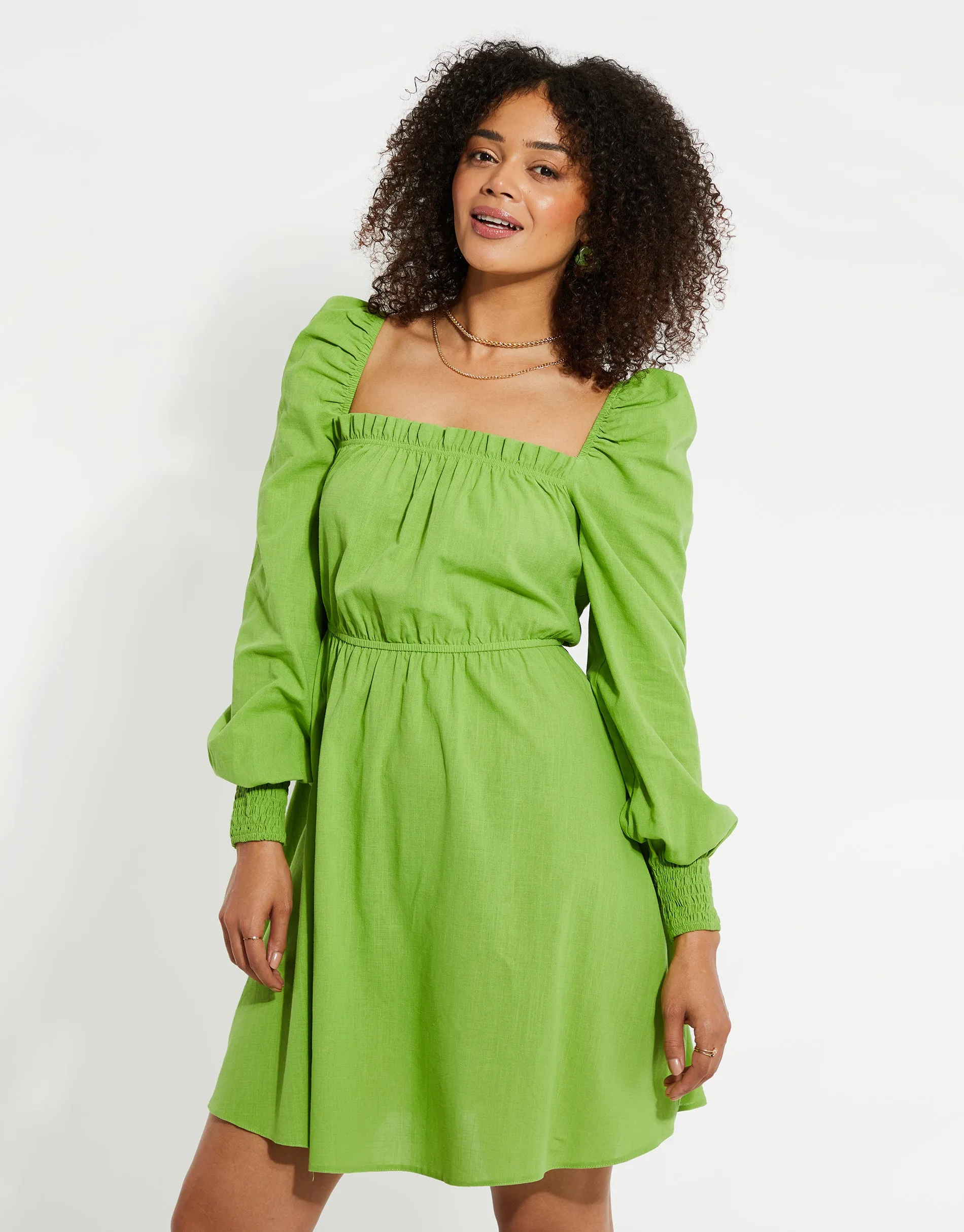 Women's Green Linen Look Ruched Mini Dress sold by Threadbare