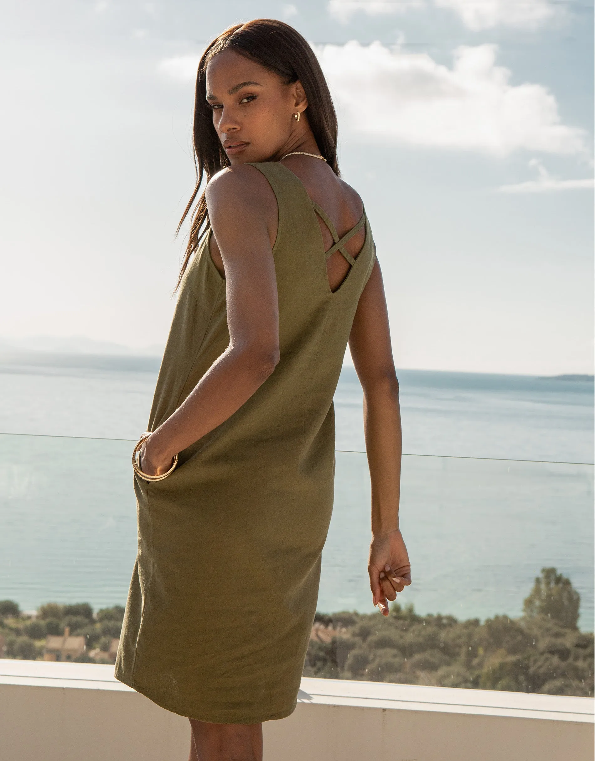 Women's Khaki Linen Blend Sleeveless Shift Dress sold by Threadbare product image thumbnail 2