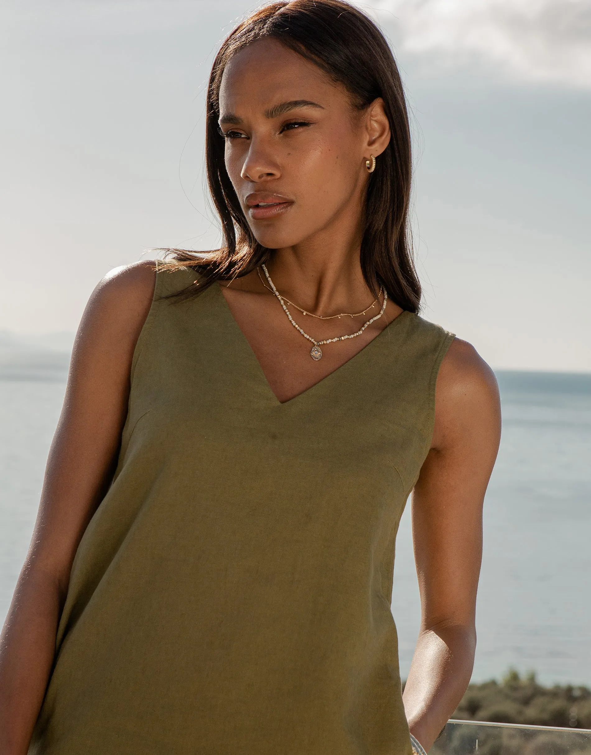 Women's Khaki Linen Blend Sleeveless Shift Dress sold by Threadbare product image thumbnail 4