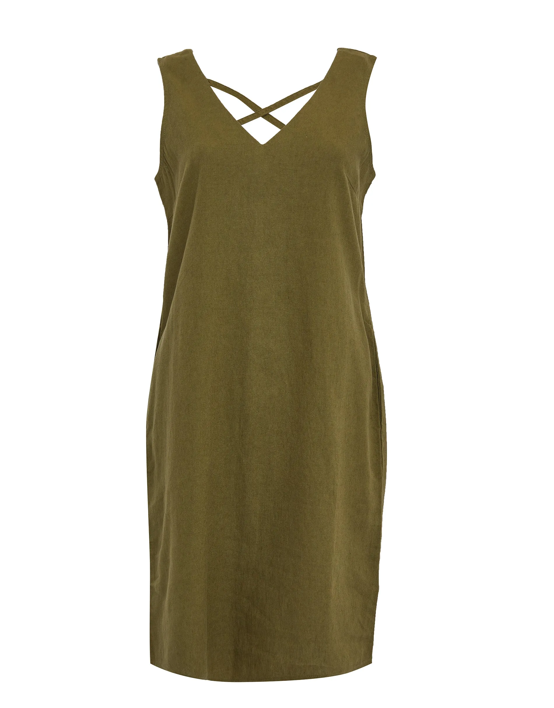Women's Khaki Linen Blend Sleeveless Shift Dress sold by Threadbare product image thumbnail 5