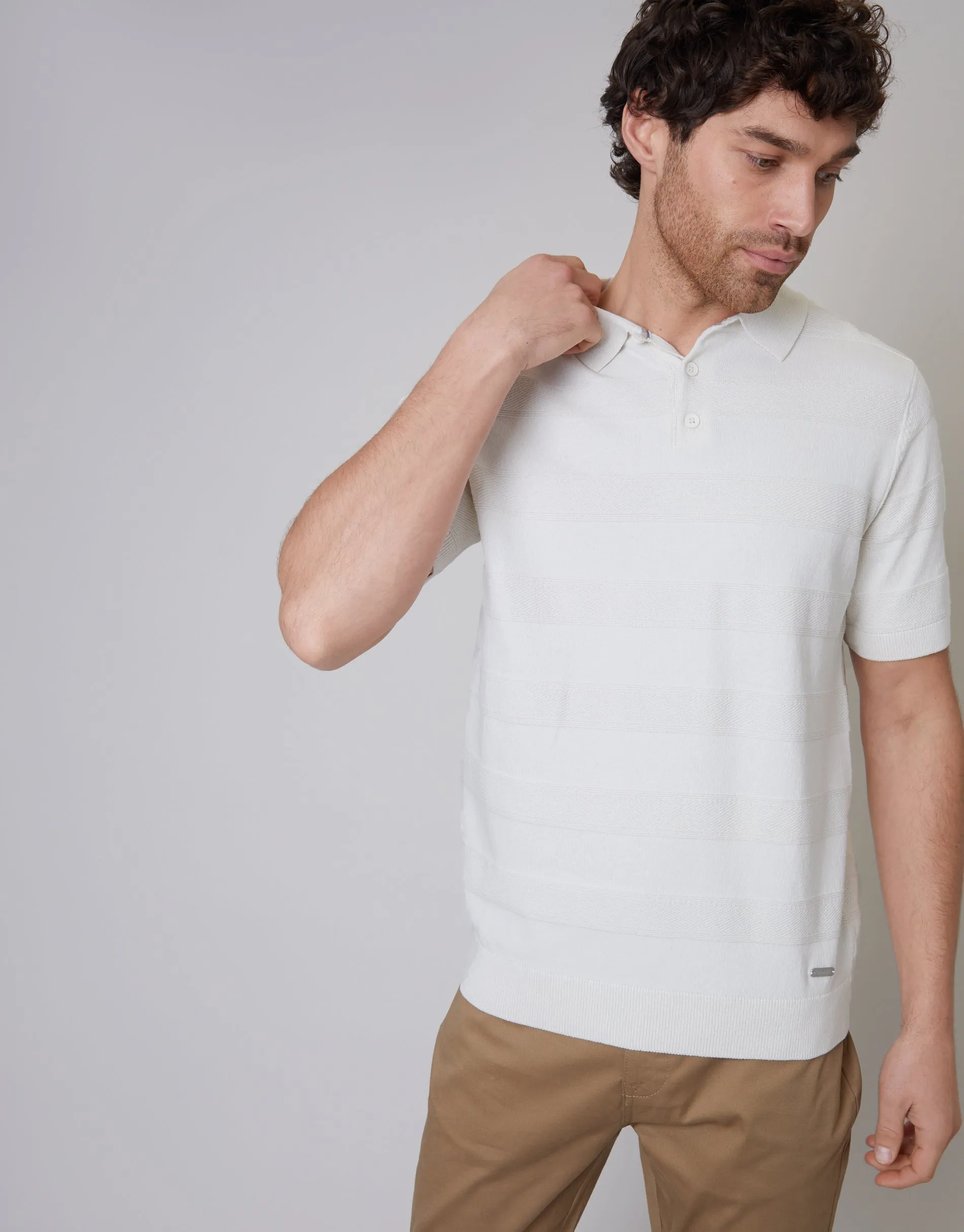 Men's Ecru Button Collar Textured Stripe Knit Polo sold by Threadbare product image thumbnail 4