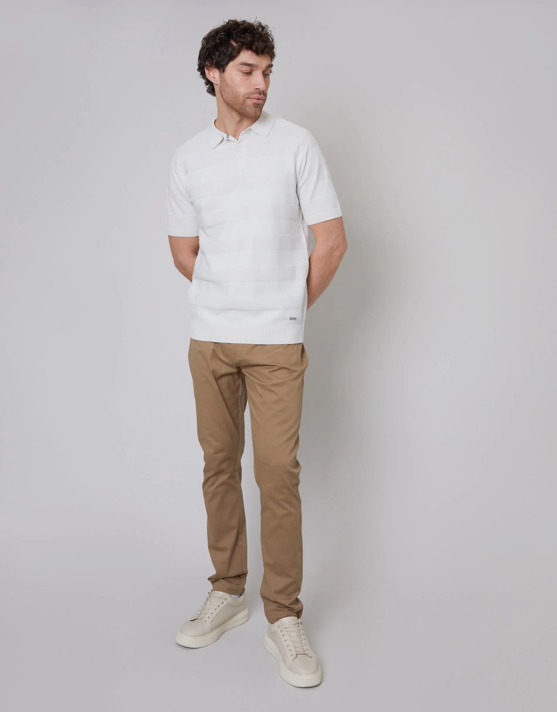 Men's Ecru Button Collar Textured Stripe Knit Polo sold by Threadbare product image thumbnail 3