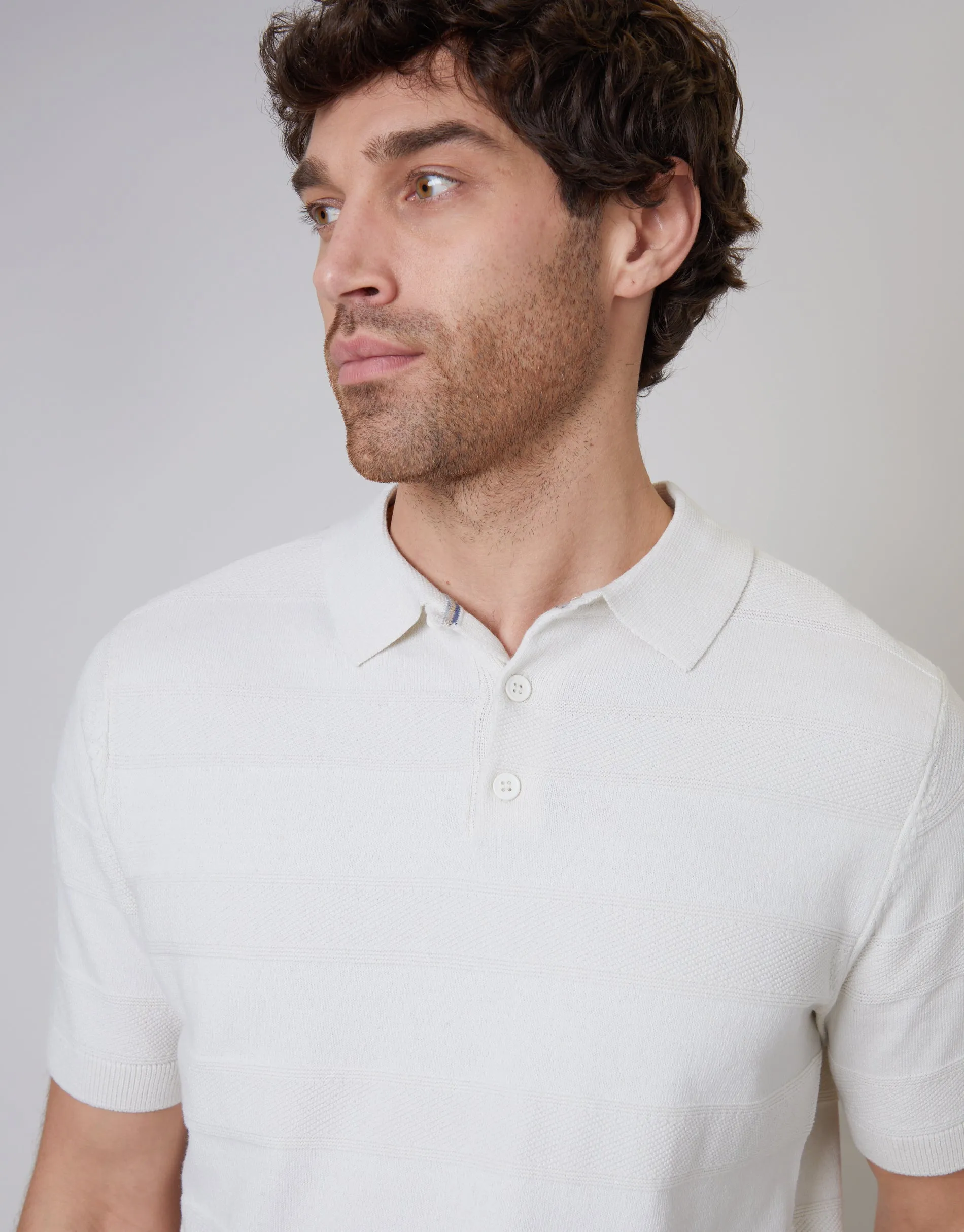 Men's Ecru Button Collar Textured Stripe Knit Polo sold by Threadbare