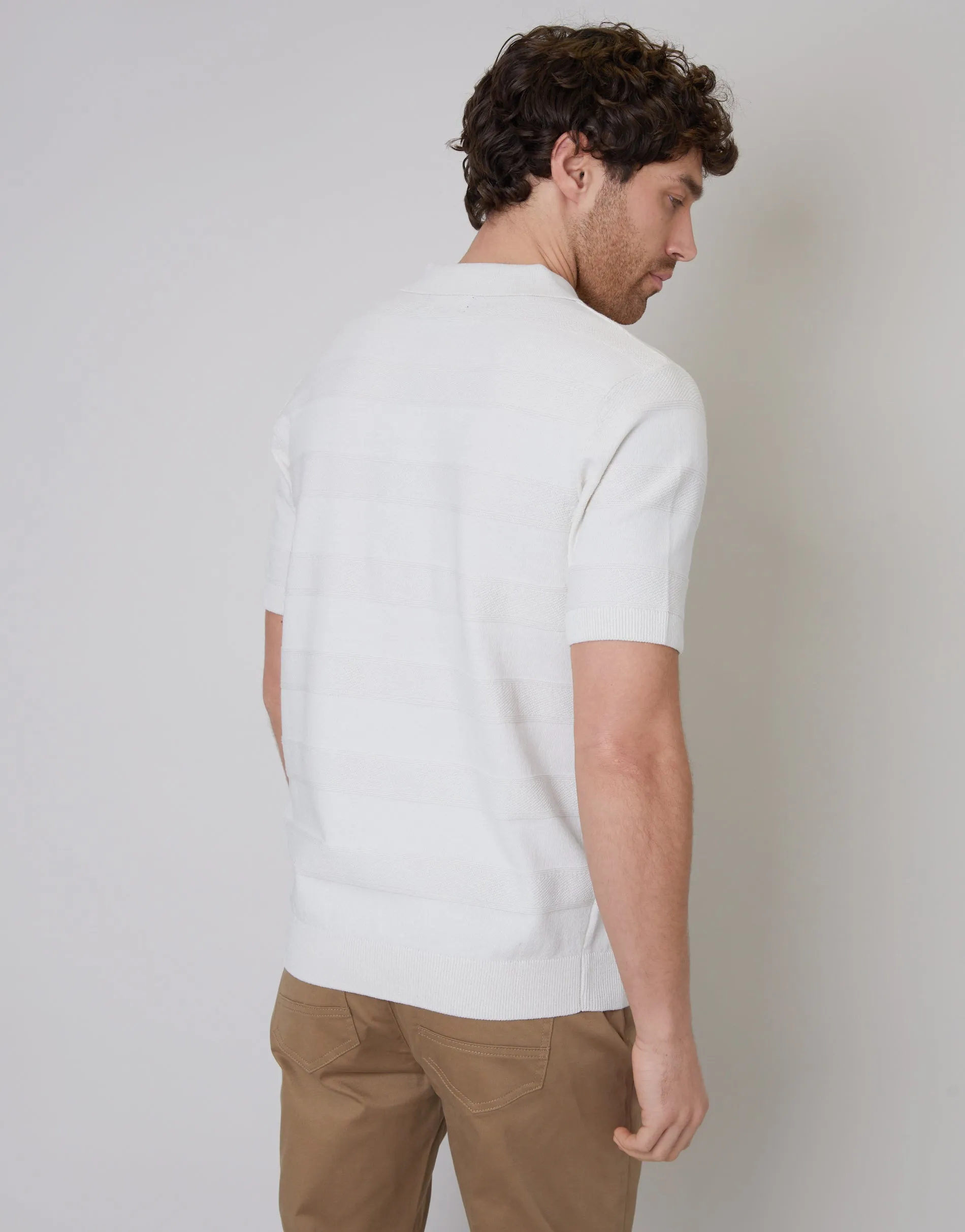 Men's Ecru Button Collar Textured Stripe Knit Polo sold by Threadbare product image thumbnail 2