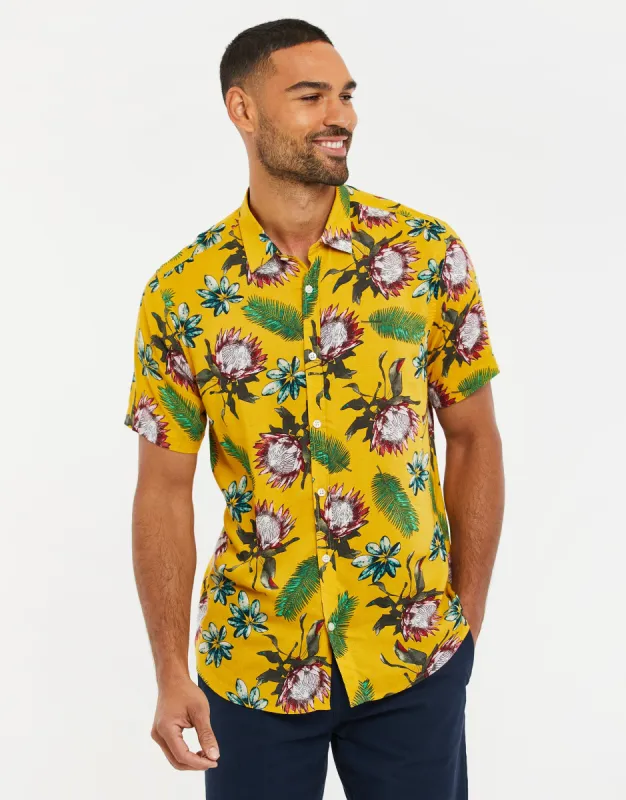 Men's Yellow Floral Print Short Sleeve Shirt sold by Threadbare
