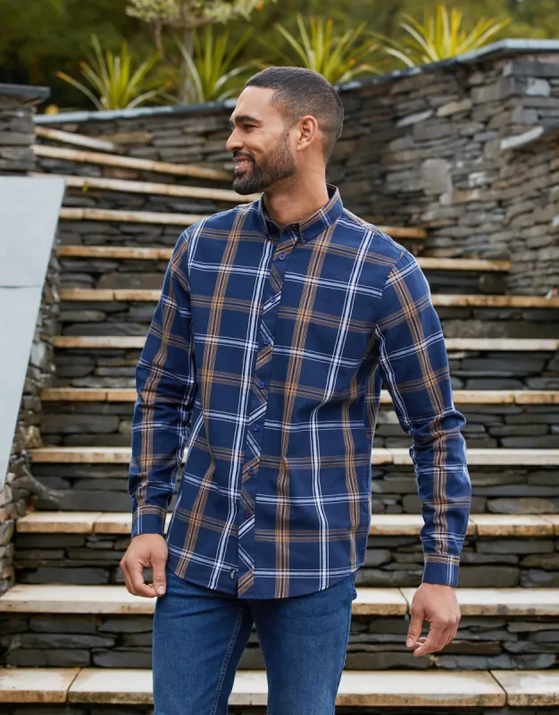 Men's Dark Blue Check Long Sleeve Shirt sold by Threadbare
