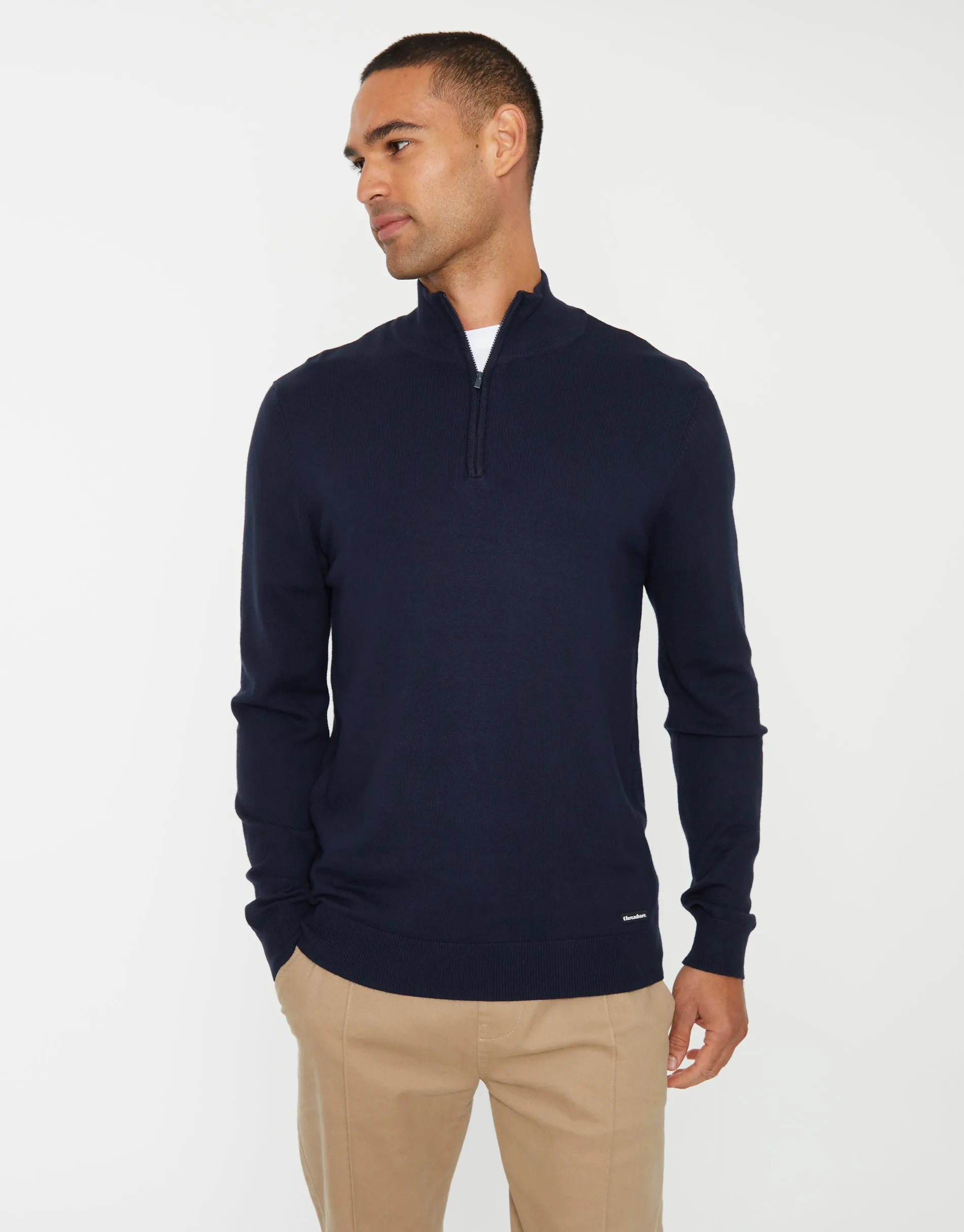 Funnel Neck Quarter Zip Knitted Jumper in Navy sold by Threadbare