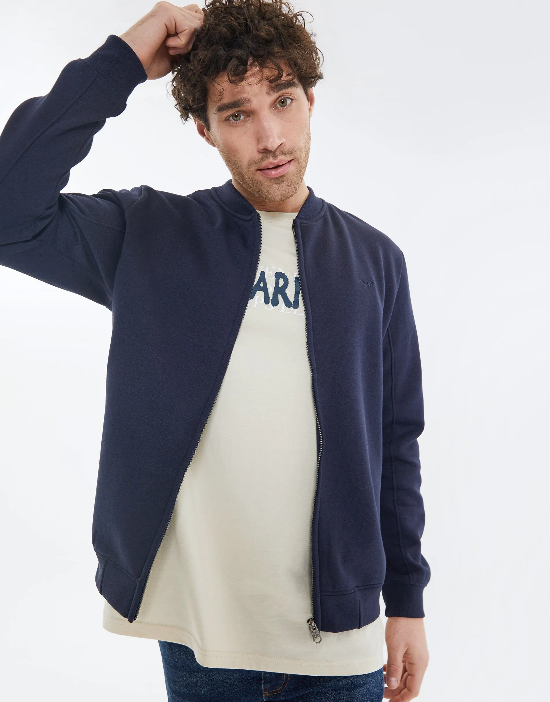 Men's Navy Zip Up Fleece Varsity Jacket sold by Threadbare