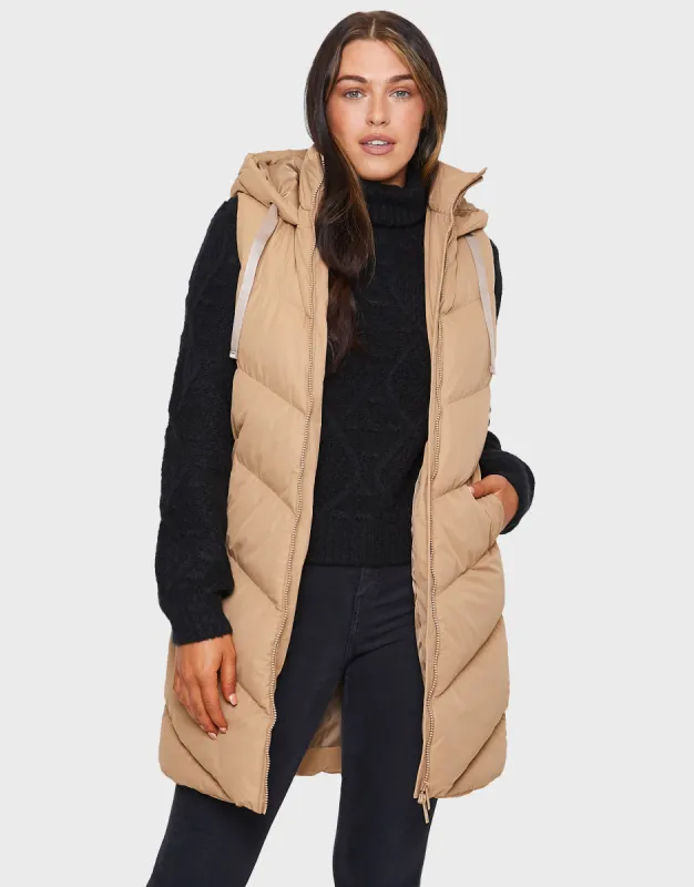 Women's Tan Longline Padded Gilet sold by Threadbare