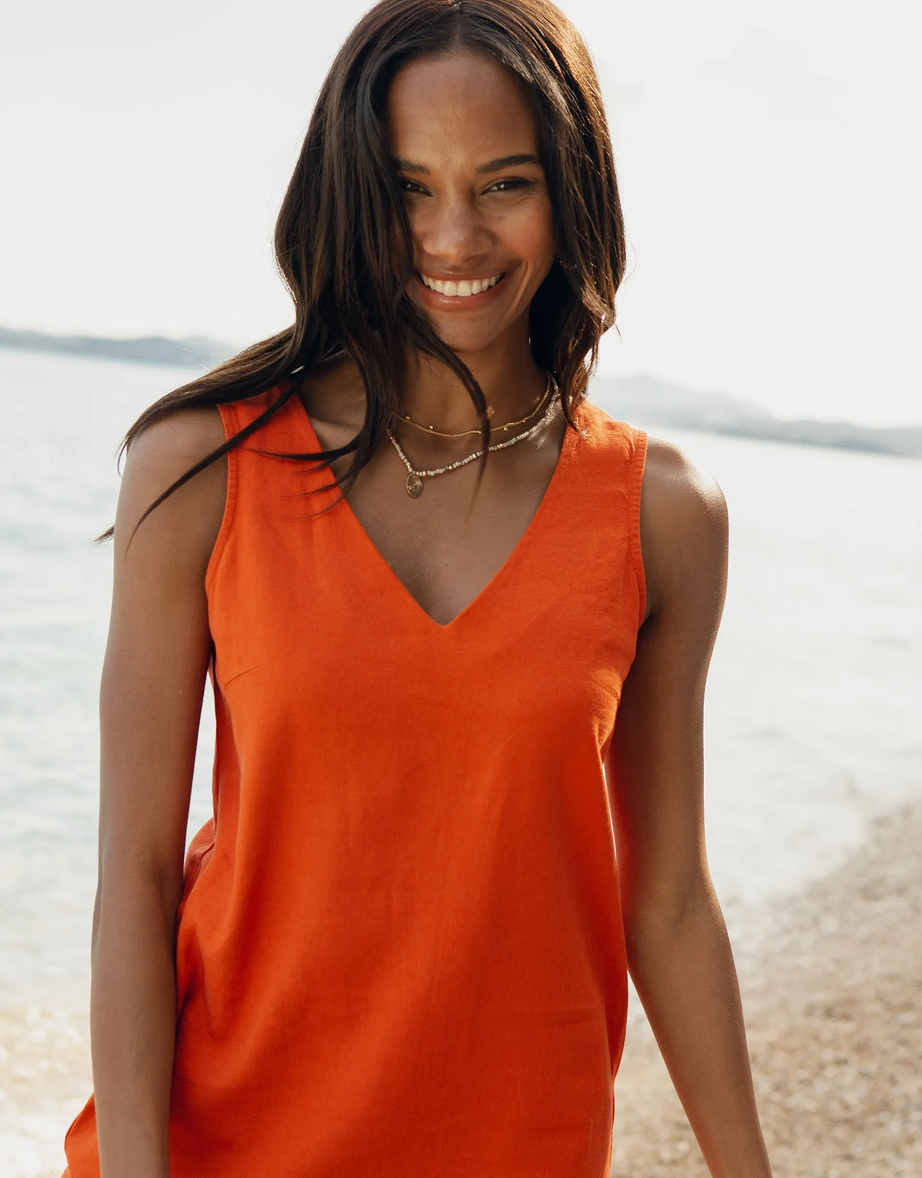 Women's Orange Linen Blend Sleeveless Shift Dress sold by Threadbare product image thumbnail 4