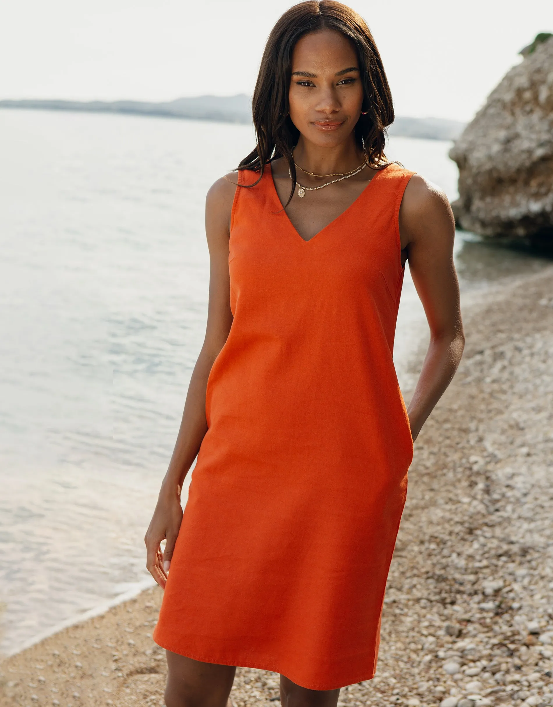 Women's Orange Linen Blend Sleeveless Shift Dress sold by Threadbare