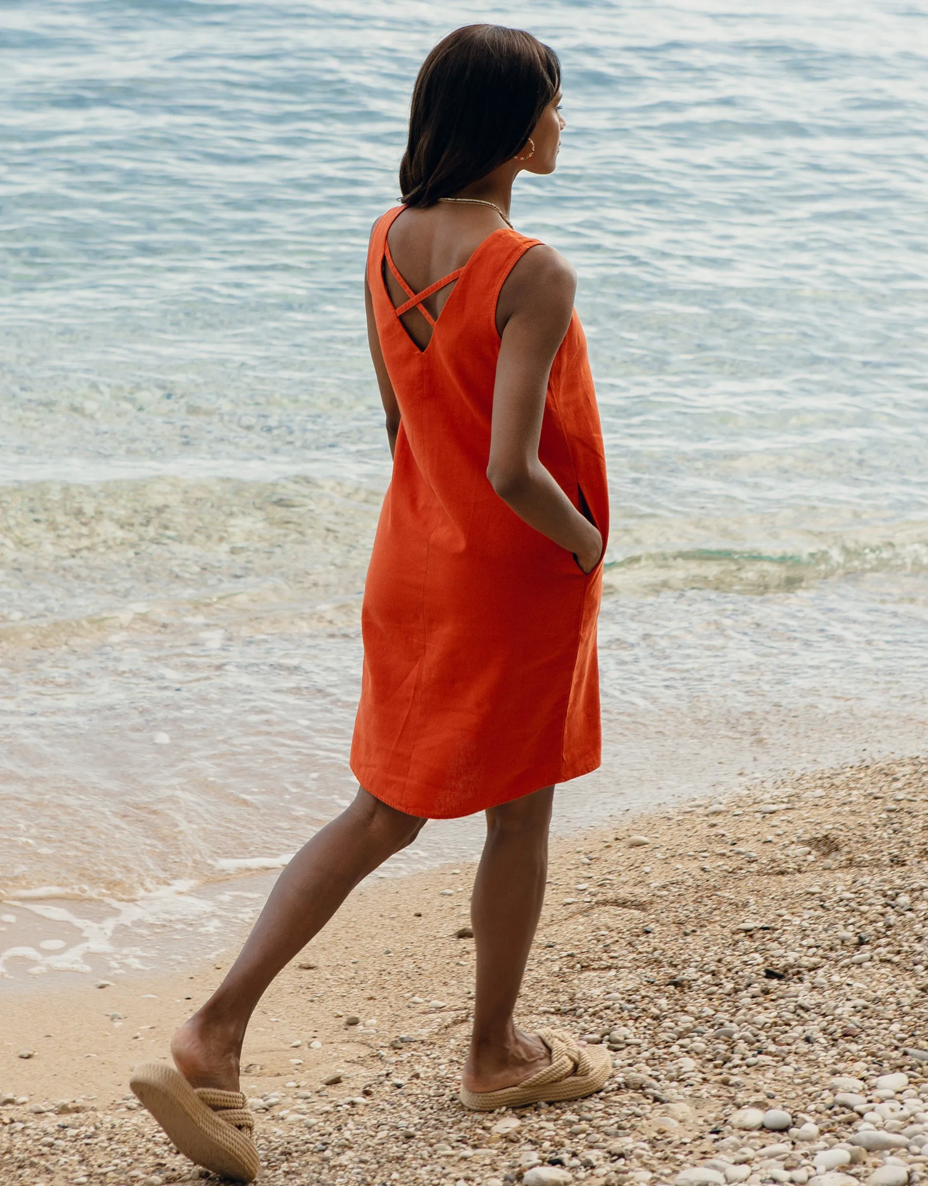 Women's Orange Linen Blend Sleeveless Shift Dress sold by Threadbare product image thumbnail 2