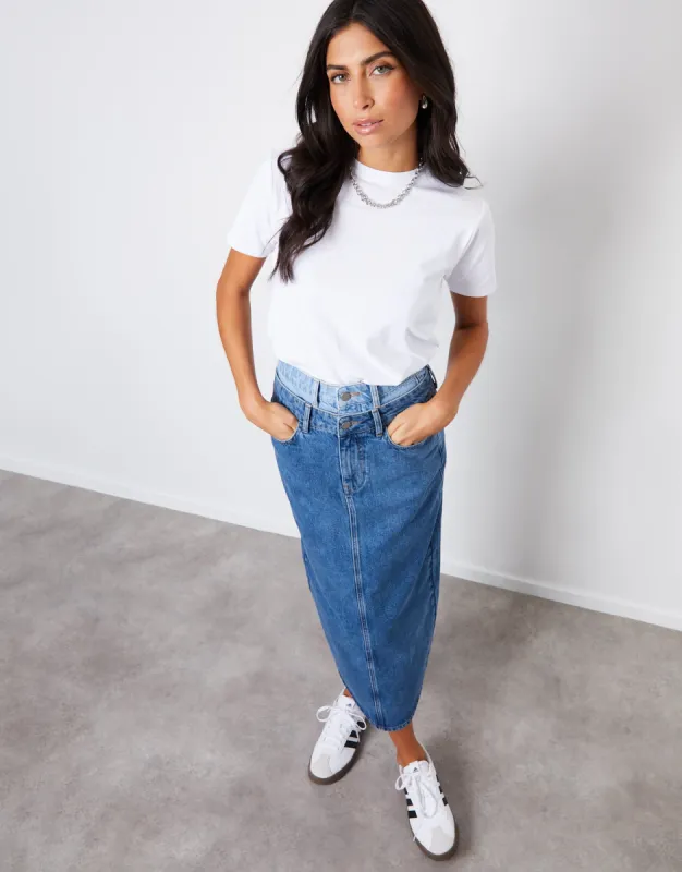 Women's Mid Wash Contrast Double Waistband Denim Midi Skirt made by Threadbare