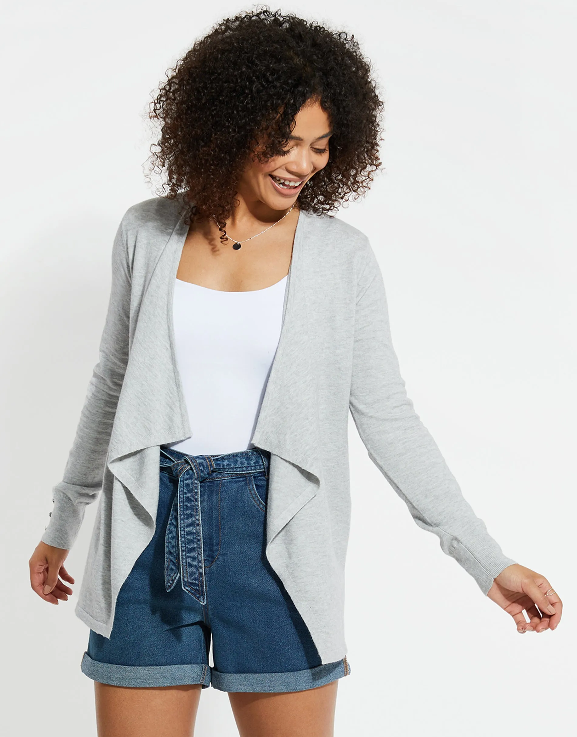 Women's Grey Waterfall Edge Cardigan sold by Threadbare