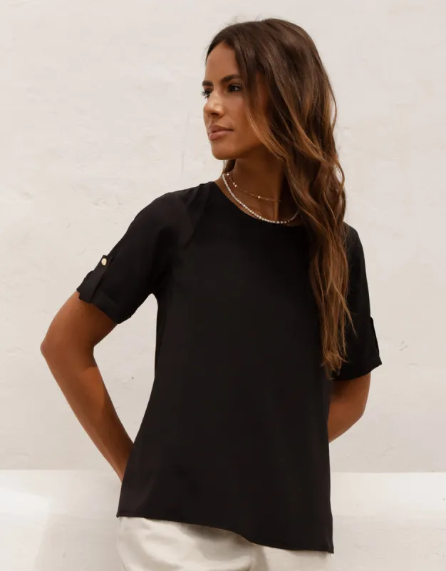 Women's Black Short Roll Sleeve T-Shirt Blouse sold by Threadbare