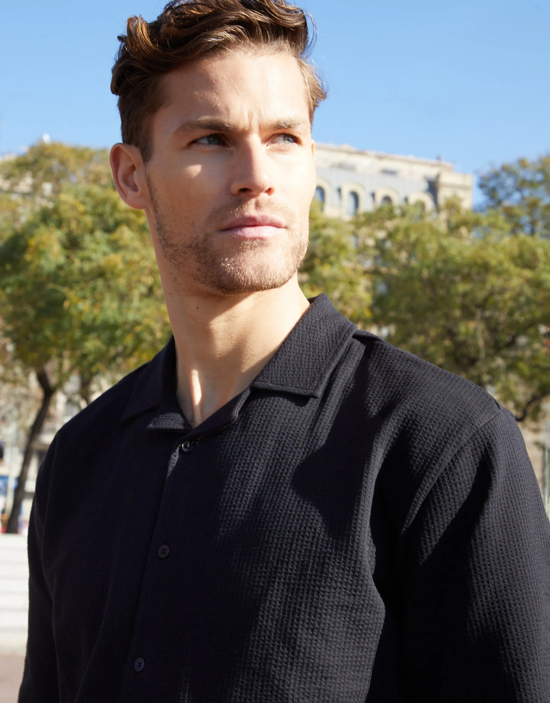 Black Stretch Cotton Revere Collar Short Sleeve Shirt sold by Threadbare product image thumbnail 4