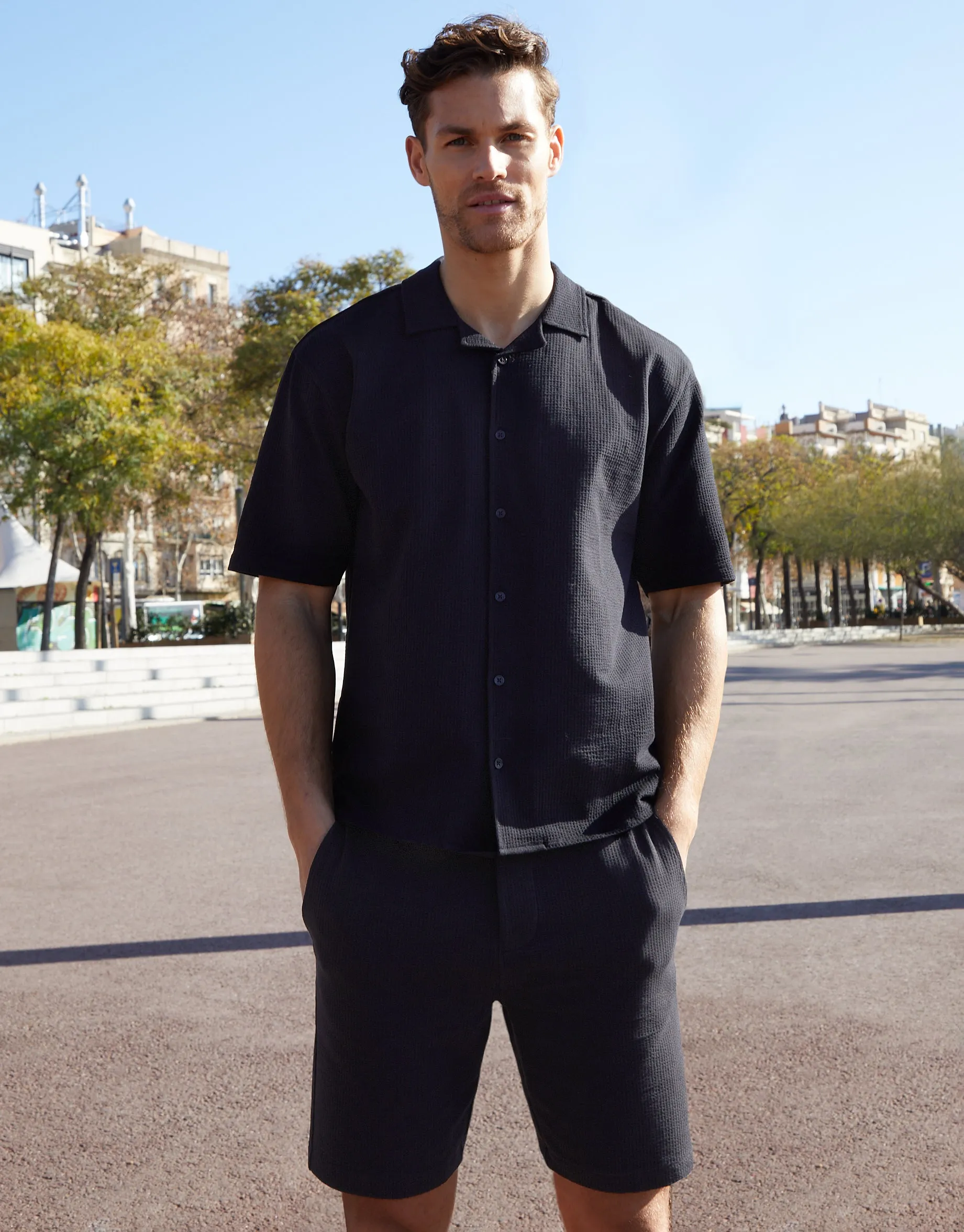 Black Stretch Cotton Revere Collar Short Sleeve Shirt sold by Threadbare