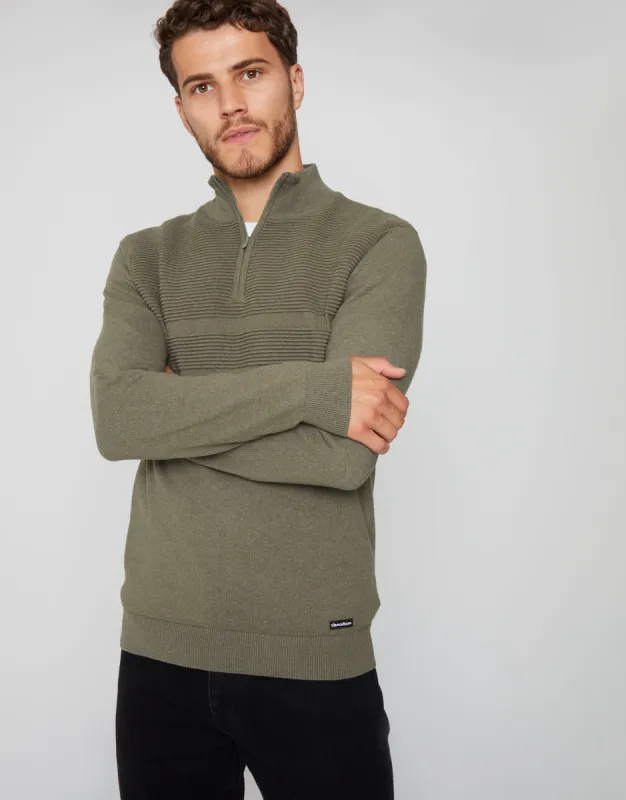 Khaki Green Rib Detail Knitted Quarter Zip Jumper sold by Threadbare