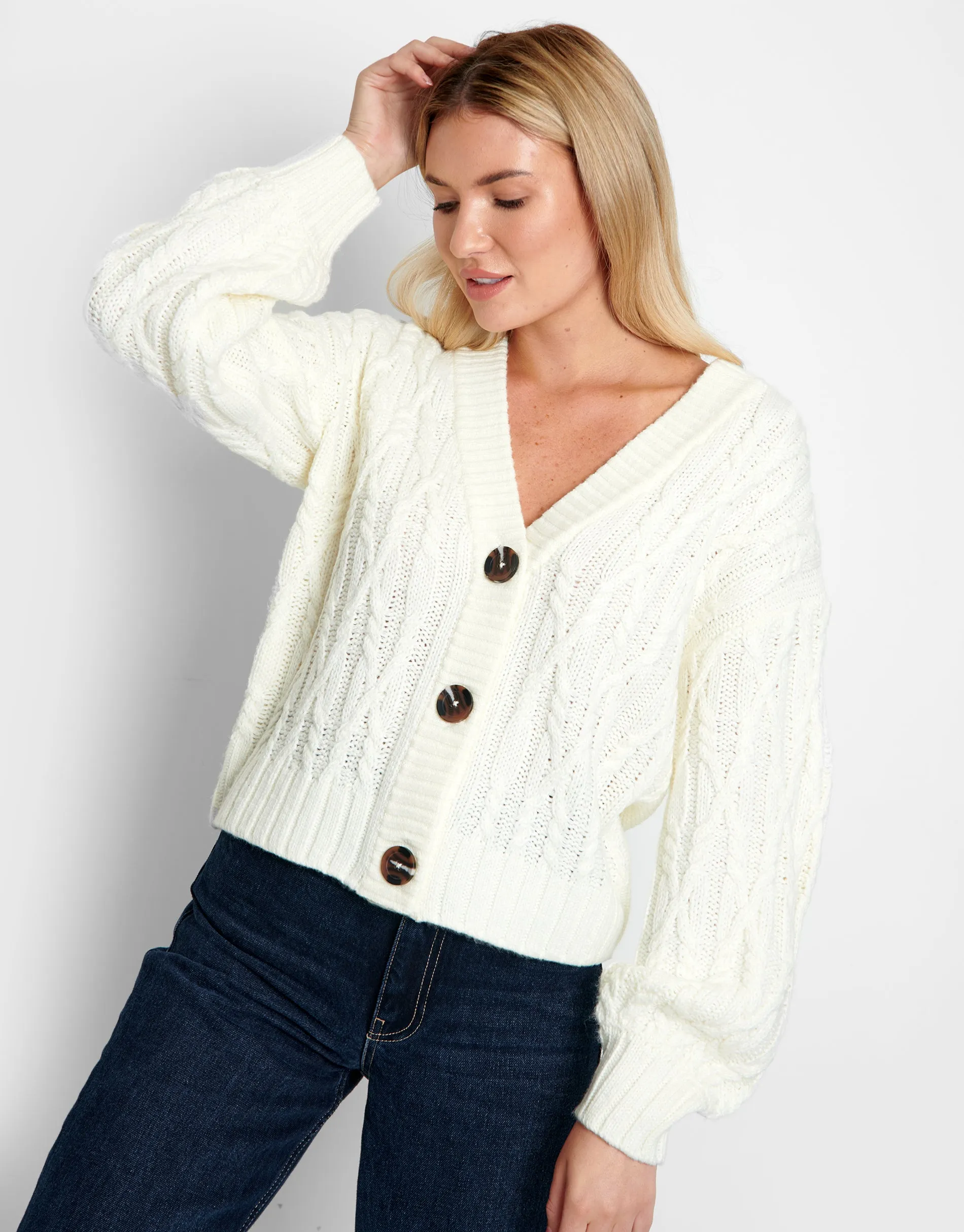 Women's Cream Cable Knit Cardigan sold by Threadbare