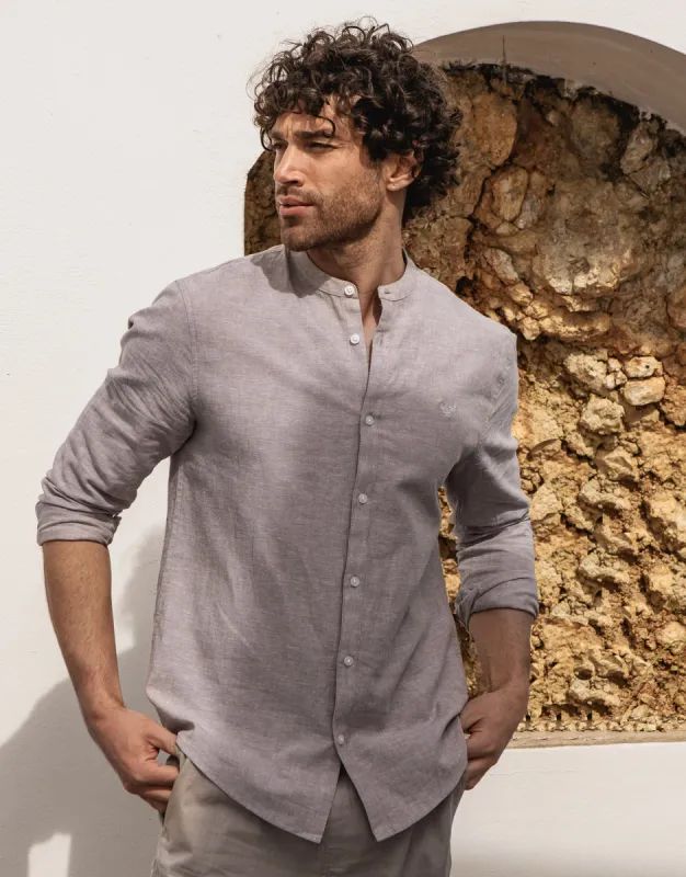 Men's Stone Grandad Collar Linen Blend Shirt sold by Threadbare