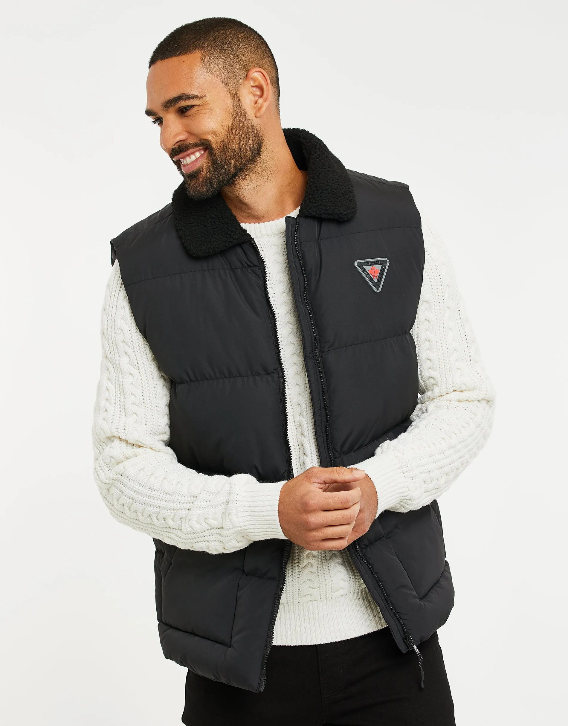 Men's Black Borg Collar Padded Gilet sold by Threadbare