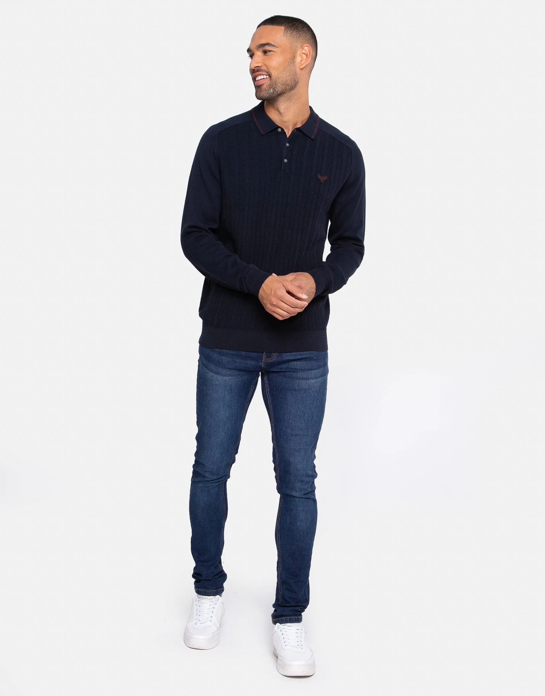 Men's Navy Long Sleeve Polo Jumper sold by Threadbare product image thumbnail 3