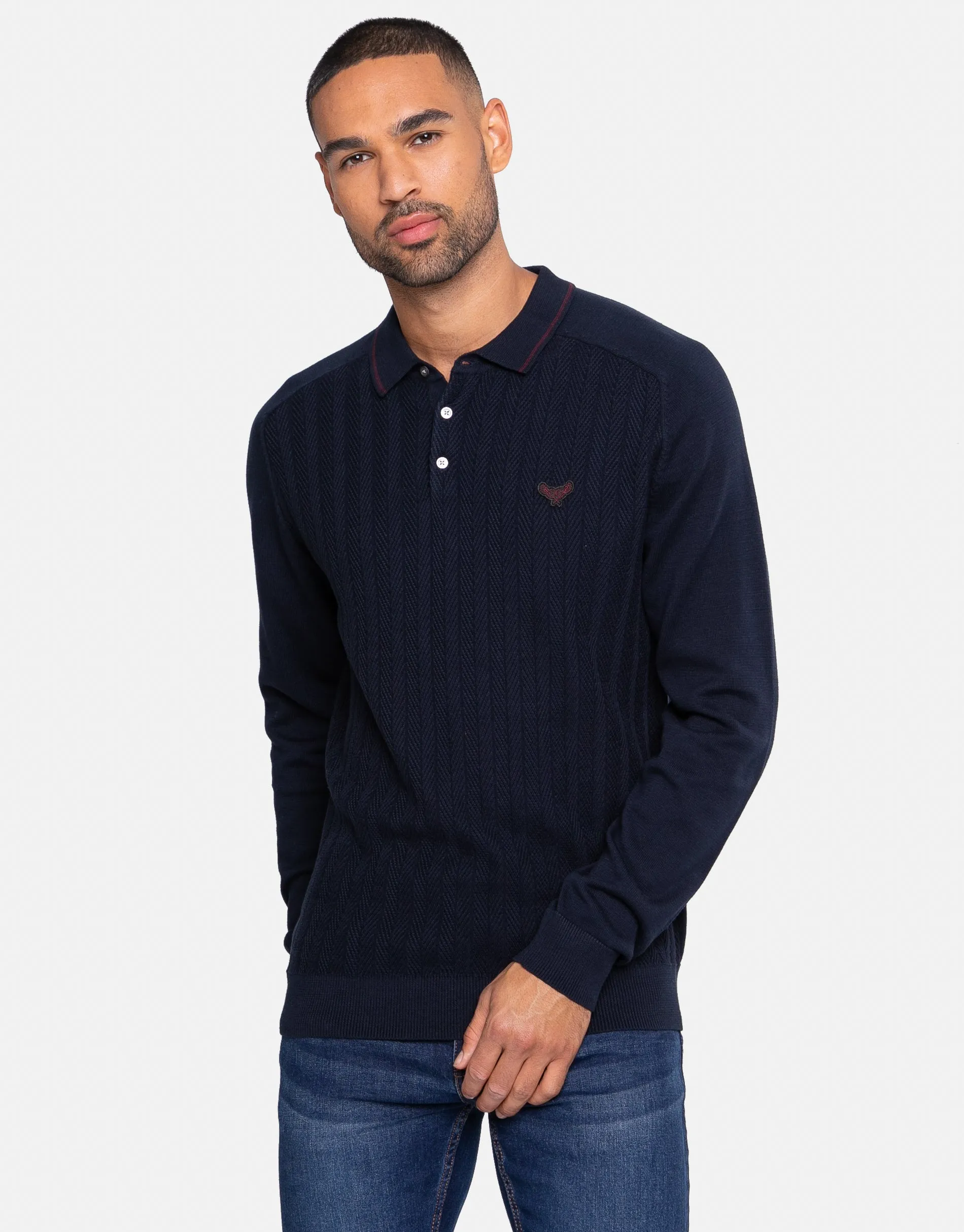 Men's Navy Long Sleeve Polo Jumper sold by Threadbare