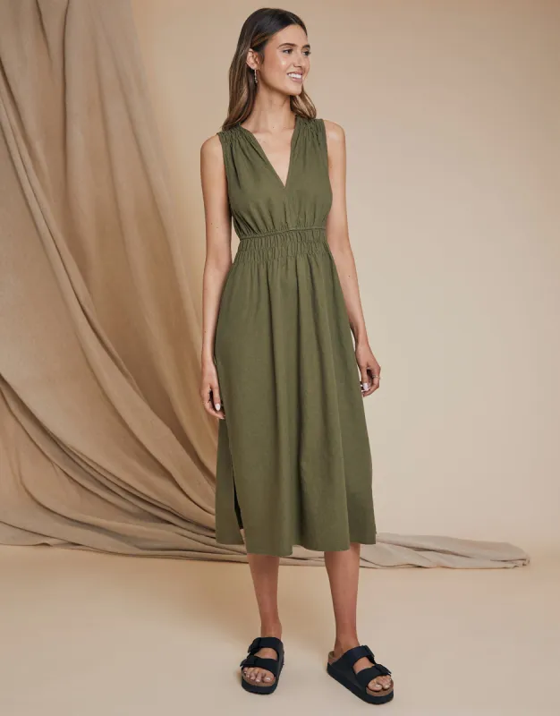 Women's Khaki Linen Blend Ruched Midi Dress sold by Threadbare