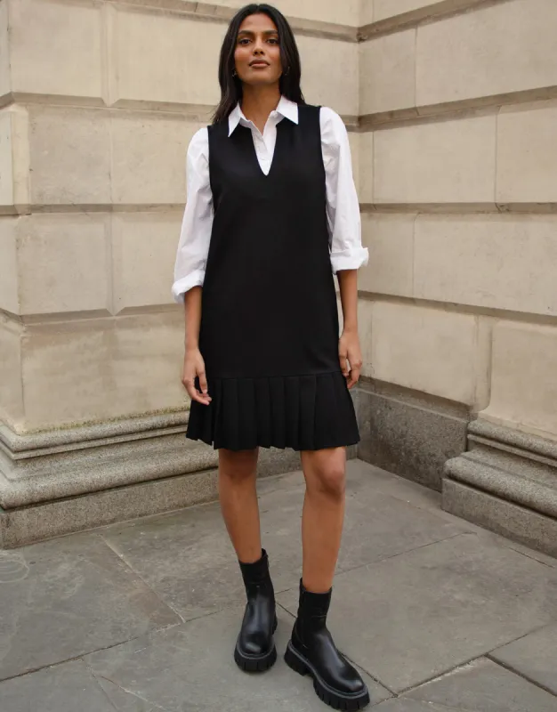 Women's Black Notch V Neck Pleated Hem Ponte Pinafore Dress sold by Threadbare