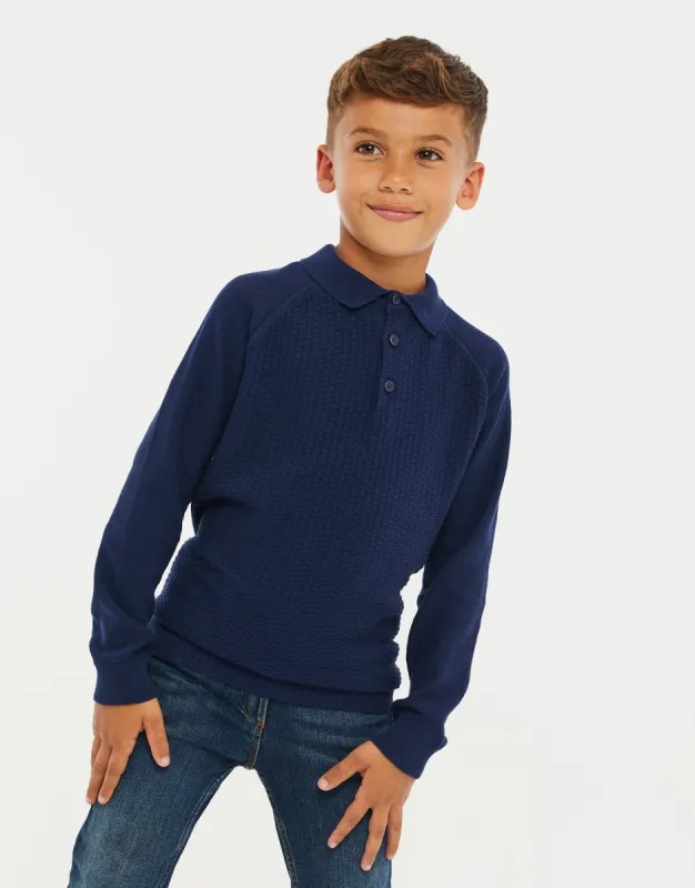 Boys' Navy Knitted Polo Jumper sold by Threadbare