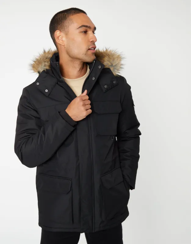 Men's Black Showerproof Utility Pocket Parka Jacket sold by Threadbare