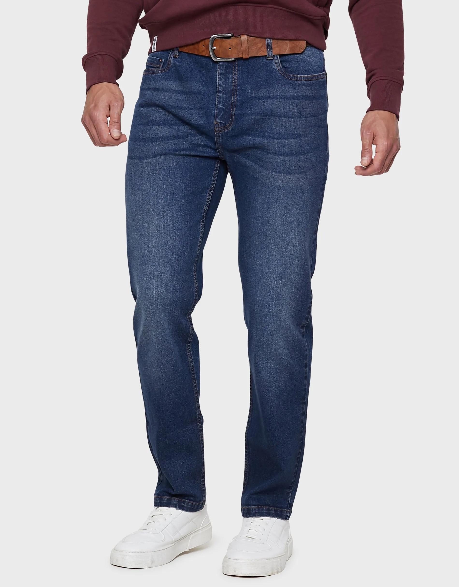 Men's Mid Blue Straight Leg Belted Jeans sold by Threadbare