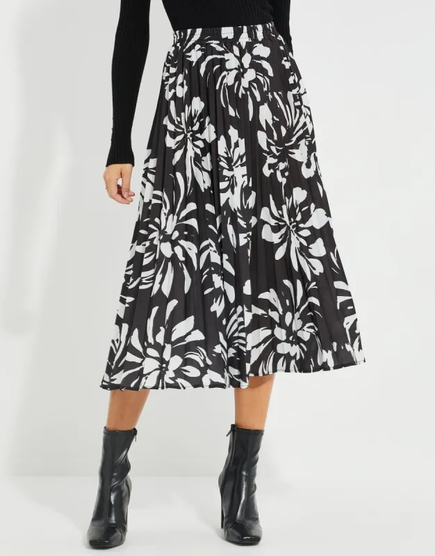 Women's Black & White Floral Pleated Skirt sold by Threadbare