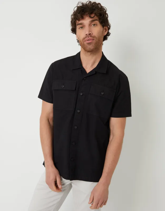 Men's Black Revere Collar Utility Short Sleeve Shirt sold by Threadbare