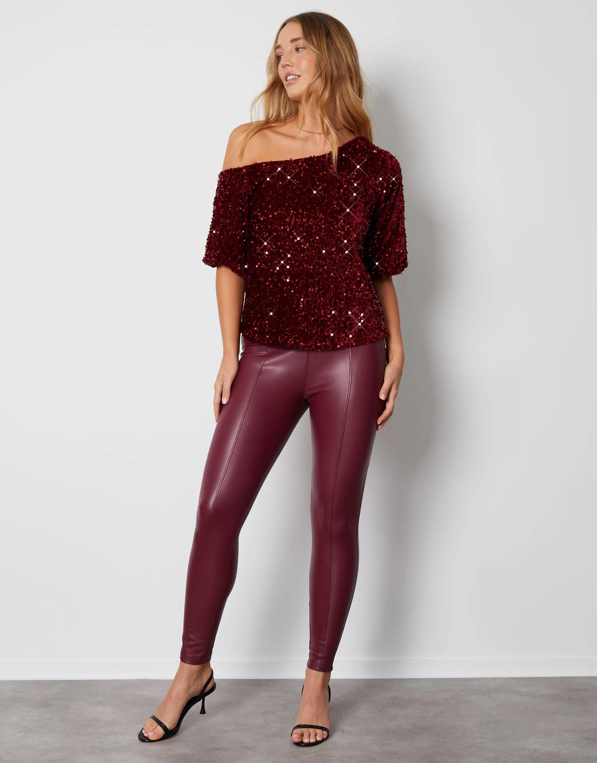 Women's Red Sequin Velour Drop Shoulder Top sold by Threadbare product image thumbnail 4