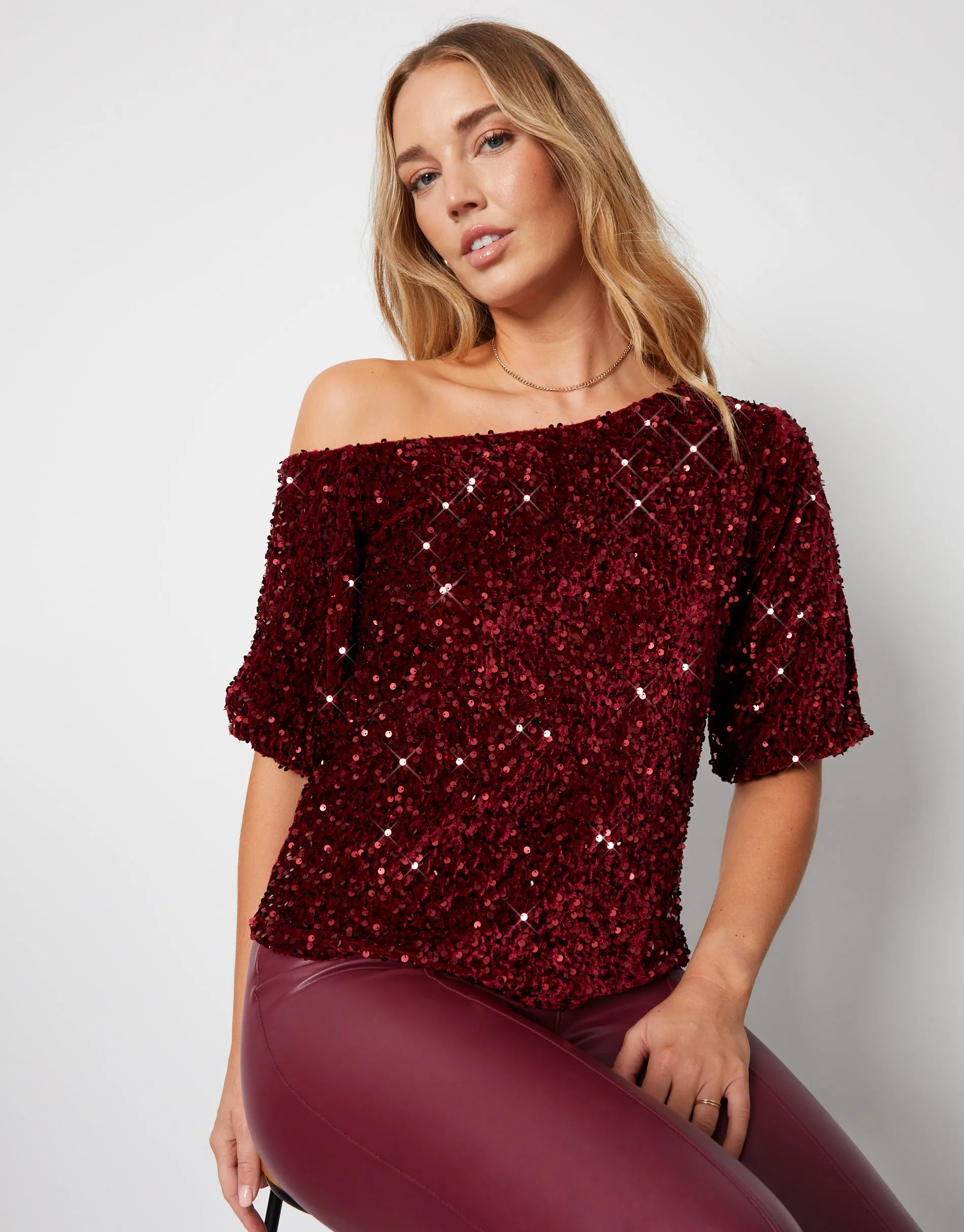 Women's Red Sequin Velour Drop Shoulder Top sold by Threadbare product image thumbnail 2