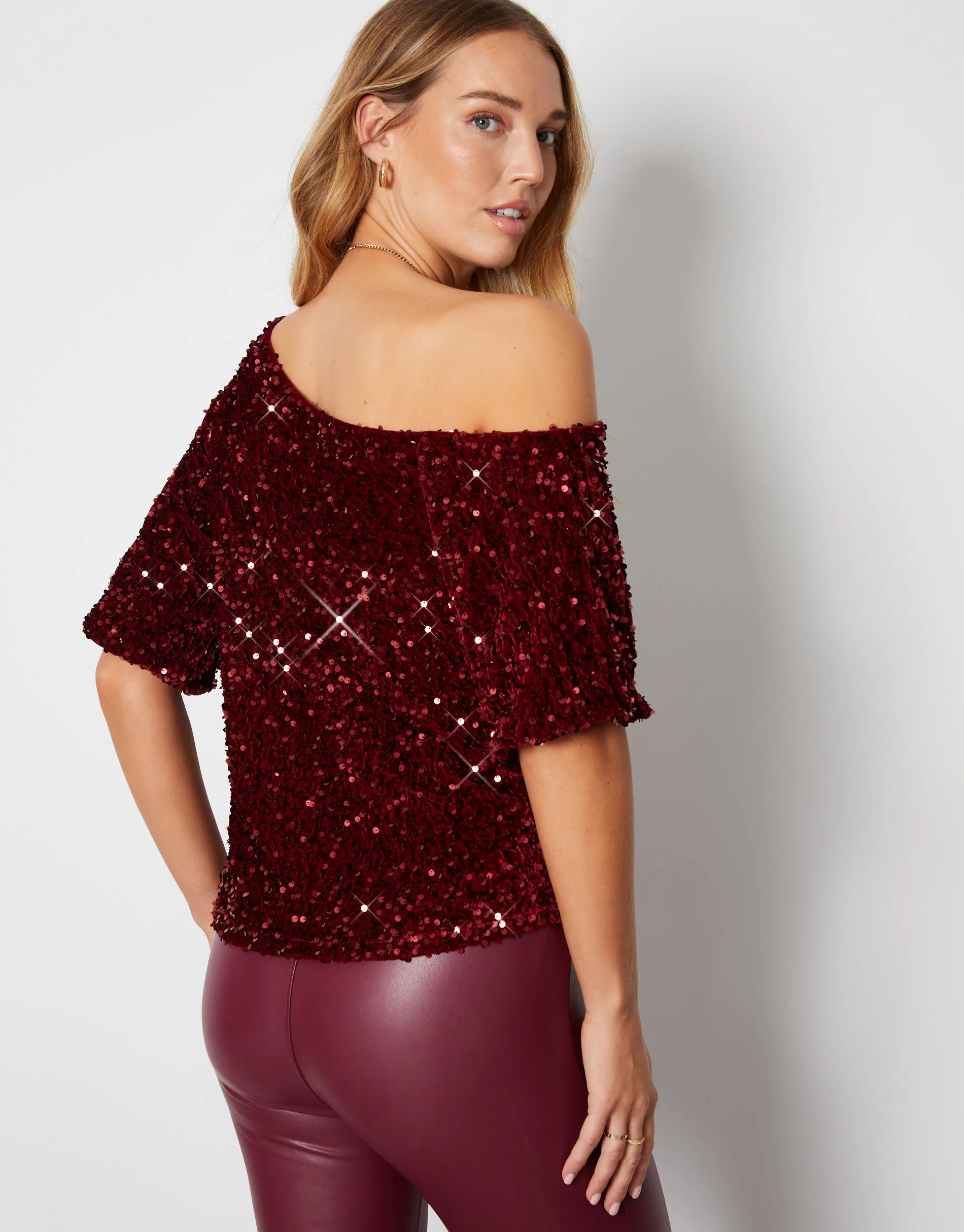 Women's Red Sequin Velour Drop Shoulder Top sold by Threadbare product image thumbnail 3