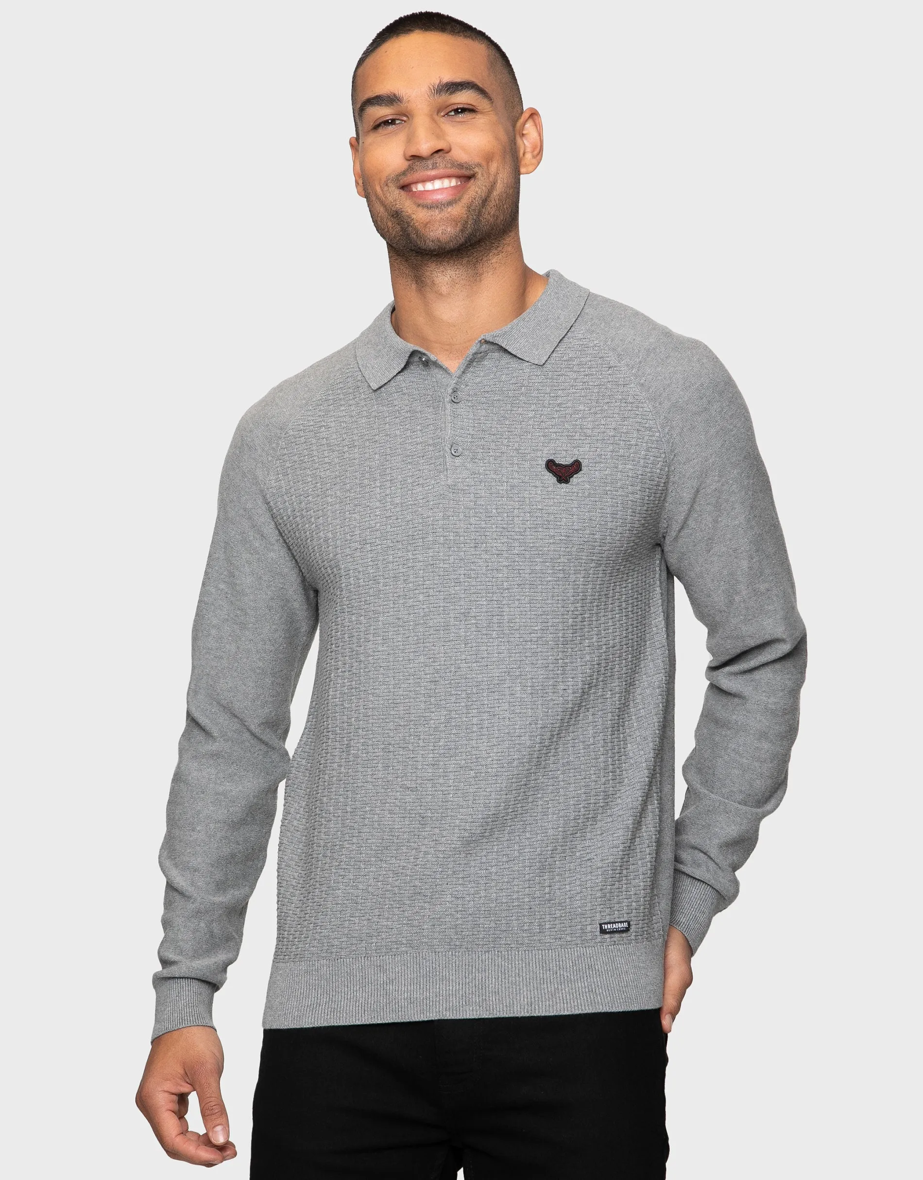 Men's Grey Marl Long Sleeve Polo Jumper sold by Threadbare