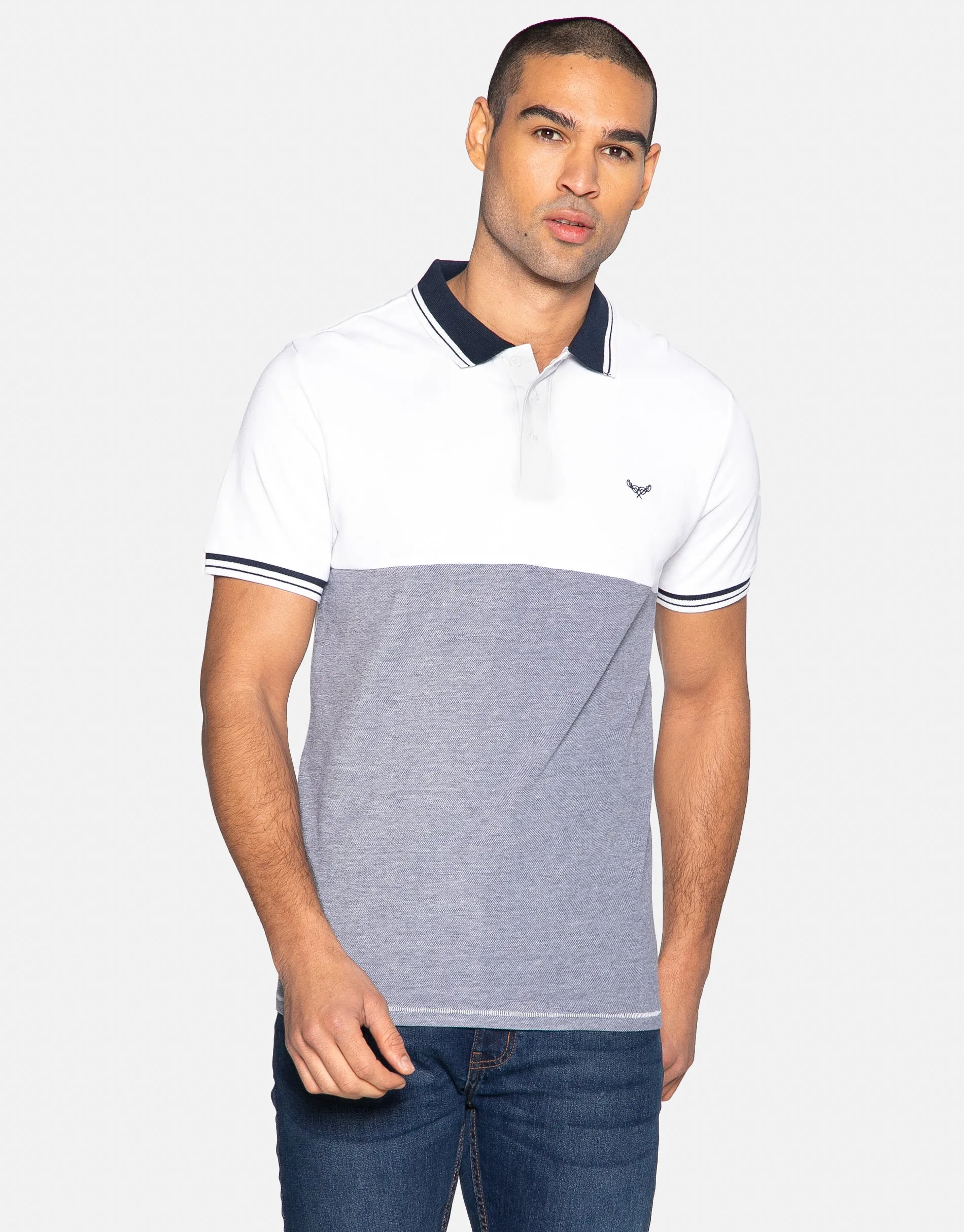 Men's White Two Tone Pique Polo Shirt sold by Threadbare