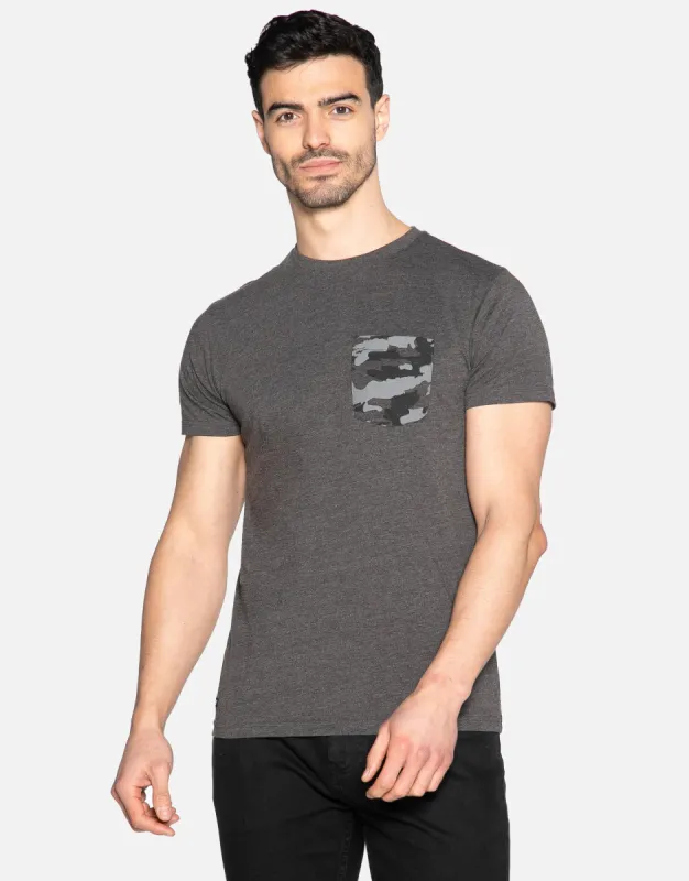Men's Charcoal Camo Pocket Crew Neck T-Shirt sold by Threadbare