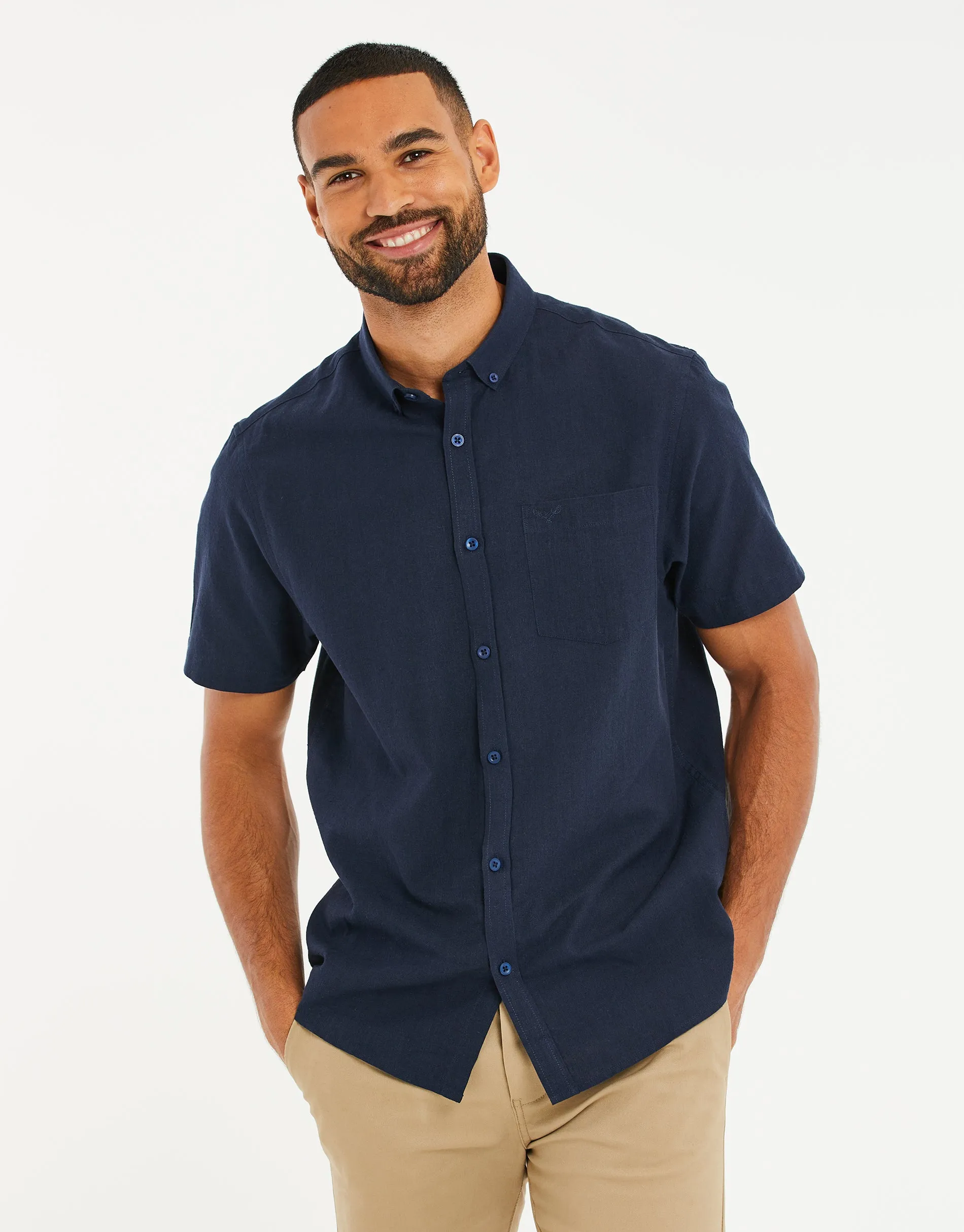 Navy Short Sleeve Linen Blend Shirt sold by Threadbare